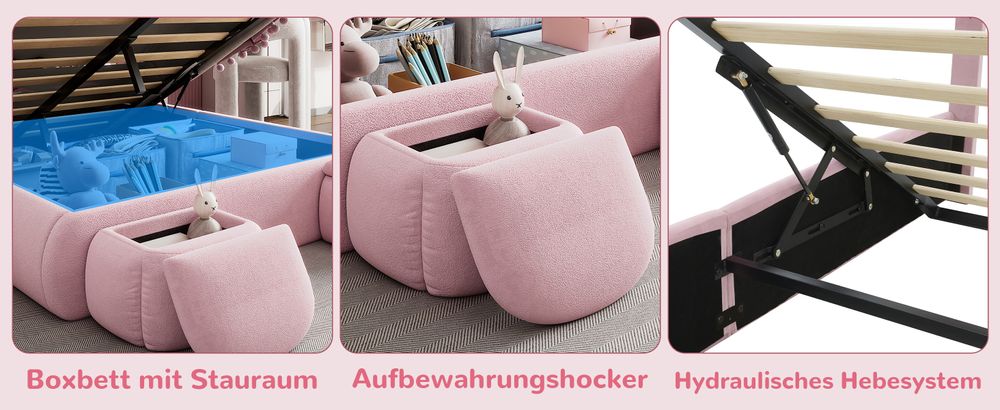 MODFU Kinderbett Polsterbett 140×200 cm mit warmfarbene LED-Licht, Jugendbett Doppelbett mit Kopfteil in Hasenohrenform und zwei Aufbewahrungshockern, Samt(Ohne Matratze), Boxspringbett Hydraulisches mit Bettkasten Stauraum, Samt Rosa