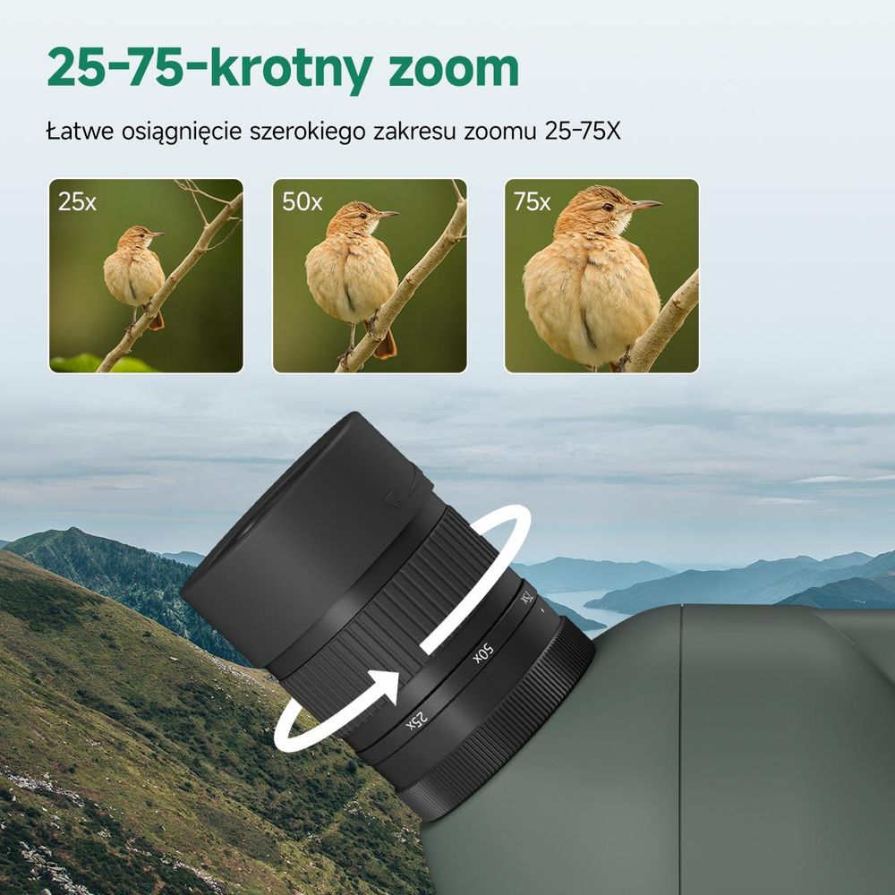 Svbony SV28A 25-75x100 mm Luneta obserwacyjna, Luneta celownicza, duże pole widzenia, pryzmat Porro H-K9L FMC, z adapterem do telefonu komórkowego