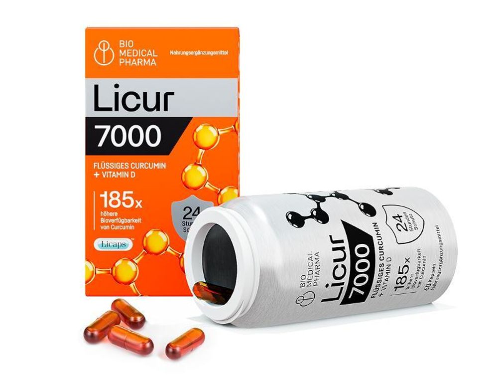 Kurkuma Kapseln Hochdosiert – 185x Höhere Bioverfügbarkeit – Mizellares Curcumin NovaSOL – Ohne Piperin – Mit Vitamin D3 – Licur 7000 (60 Kapseln)