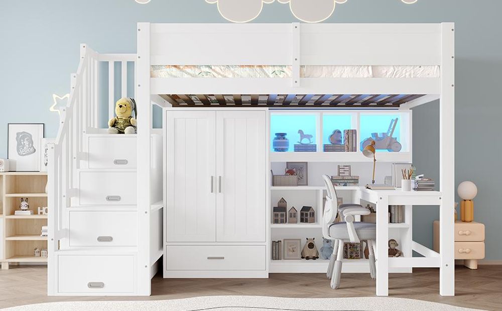 Merax Etagenbett Hochbett 90x200 cm, Kinderbett mit Schreibtisch, Regal, Kleiderschrank, Stauraumtreppe und LED, Stockbett, Jugendbett, Kiefer, Weiß