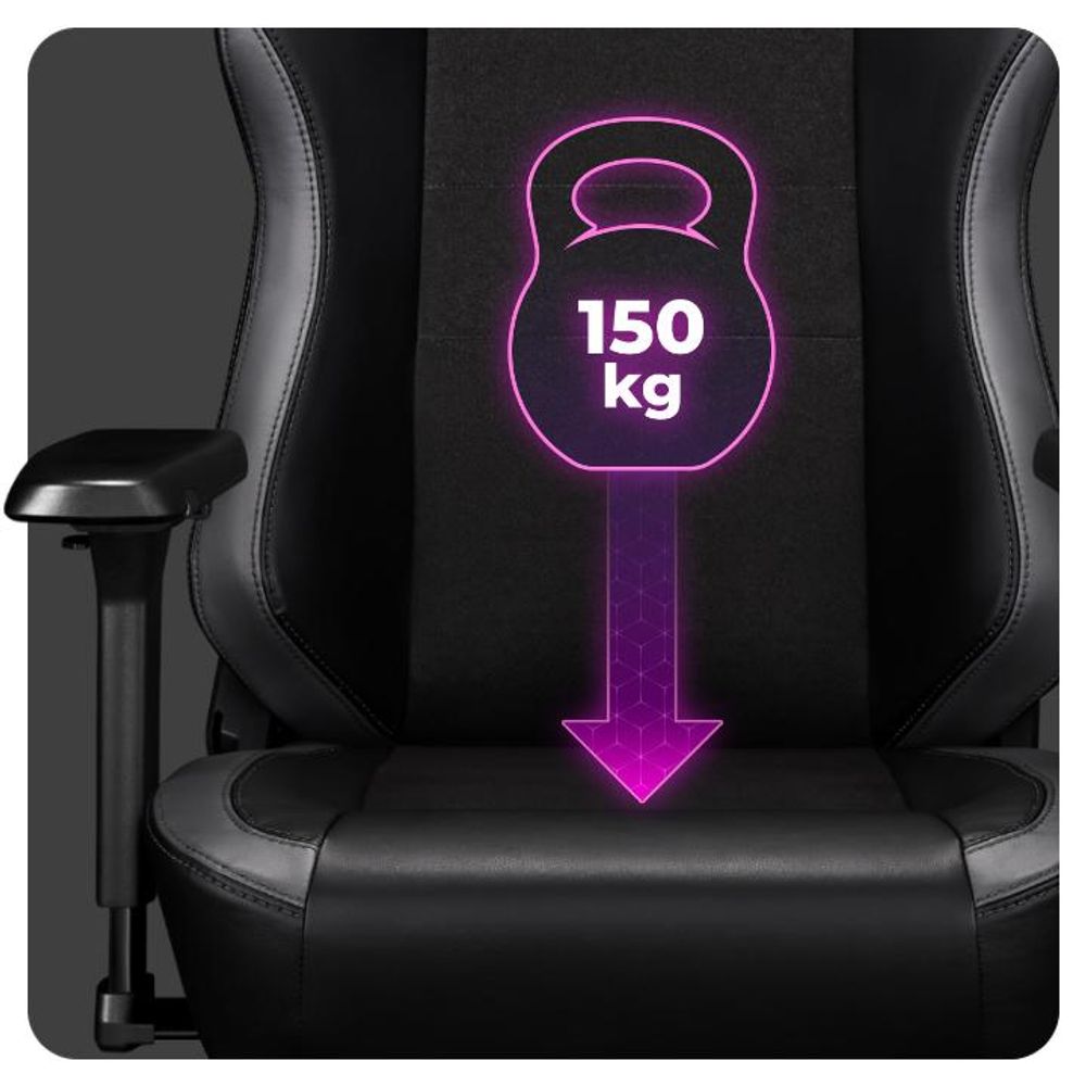 Detailný záber sedadla stoličky s upozornením na maximálnu nosnosť 150 kg