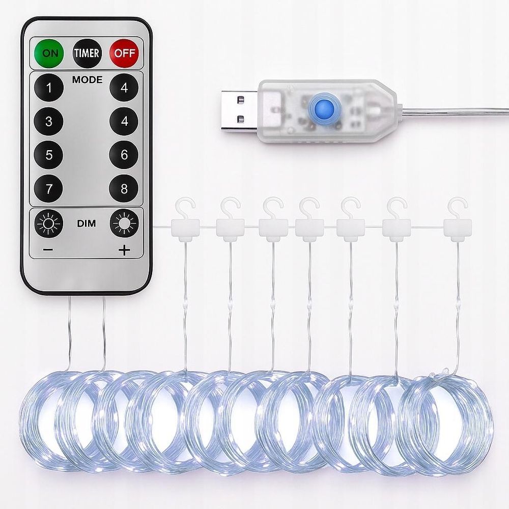 LED-Lichtervorhang kaltweiß mit Fernbedienung und USB-Anschluss