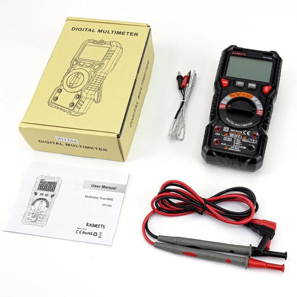 KAIWEETS Digital-Multimeter HT118A – True RMS, Auto-Ranging, 6000 Counts, mit LED-Buchsen & Temperaturmessung