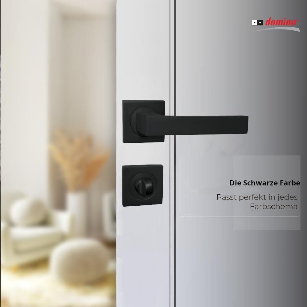 DOMINO Türgriff Drückergarnitur WC - Badezimmer Set | mit quadratischen Rosetten | für Badezimmertüren | Set WC - Rosetten-Garnitur | Türbeschläge aus Aluminium |Schwarz Türdrückergarnitur | QUBIK-QR BLACK