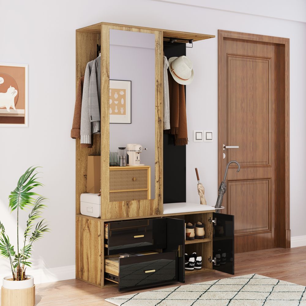 Merax Kleiderschrank-set mit Spiegel, Schuhschrank & Schuhbank, Garderobe mit ausziehbaren Kleiderbügeln, Platzsparendes Design in Schwarz/Holz