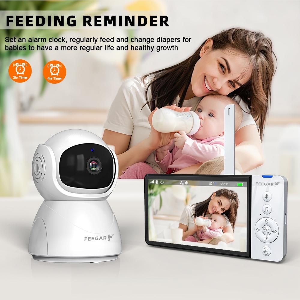 Feegar Babyphone mit Kamera Baby Monitor 5-Zoll 720P HD Display 2,4 GHz PTZ 355°/120° Baby Monitor mit Ferngesteuerter Kamera 2X Zoom VOX Modus