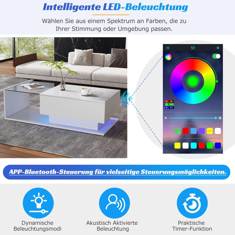 STILVORA Couchtisch mit Glasplatte und LED-Beleuchtung, Wohnzimmertisch mit 1 Schublade, Sofatisch mit kratzfester Oberfläche, Hochglanz-Weiß