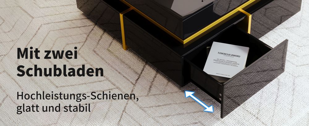 MODFU Couchtisch Wohnzimmertisch Hochglanz für Wohnzimmer, Schlafzimmer, Beistelltisch quadratischer mit Schubladen und goldenen Akzenten, schwarz