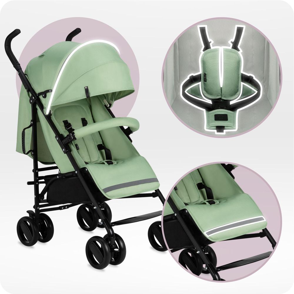 MoMi AKIRA – Ultraleichter Baby Kompaktbuggy 6,7 kg mit verstellbarer Rückenlehne & Drehbügel, inkl. Tasche & Moskitonetz, bis 15 kg – Grün