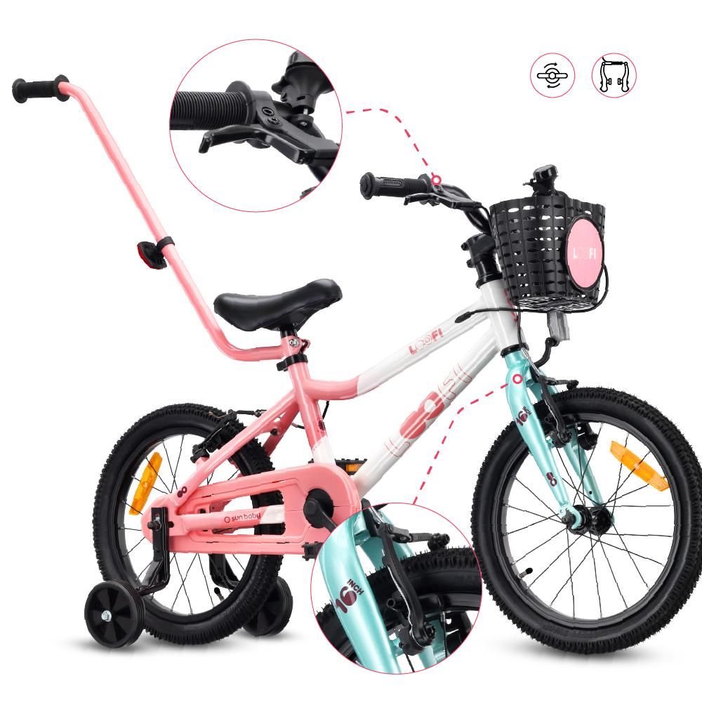 SUN BABY LOOFI Kinderfahrrad 16 Zoll, leichtes Aluminium Fahrrad 6,9 kg für Kinder ab 4 Jahre, mit Stützrädern, Korb, Klingel, Mädchen