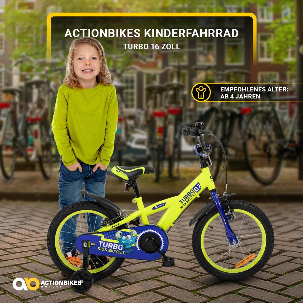 Actionbikes Kinderfahrrad Turbo 16 Zoll | Kinder Fahrrad für Jungen & Mädchen - Bicycle - V-Brake Bremsen - Kettenschutz - 4-7 Jahre (Gelb/Blau)