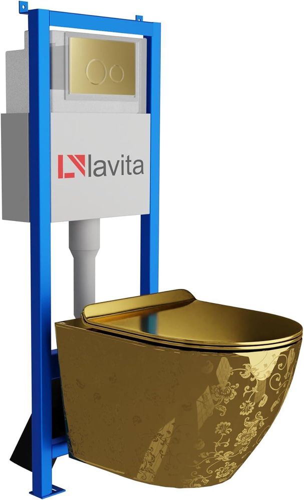 Lavita LAV 101 Vorwandelement für WC 40cm + Wand Hänge Tiefspül WC SOFI SLIM CHECKED GOLD Spülrandlos + Bedienplatte LAV 200.3.1 Weiß | Komplettset | Unterputz Spülkasten | Toilette Komplett Sett