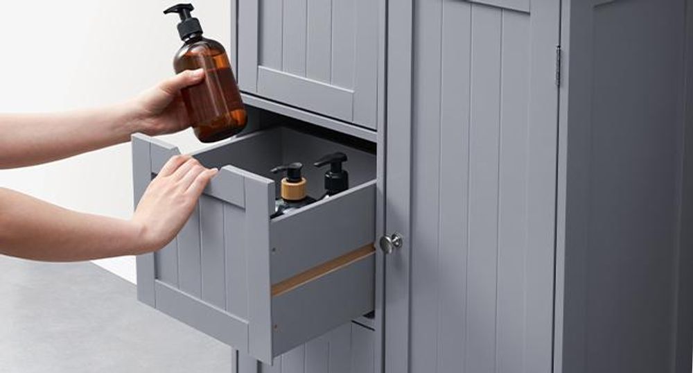 VASAGLE Badezimmerschrank, 3 große Schubladen, verstellbare Regalebene Taubengrau