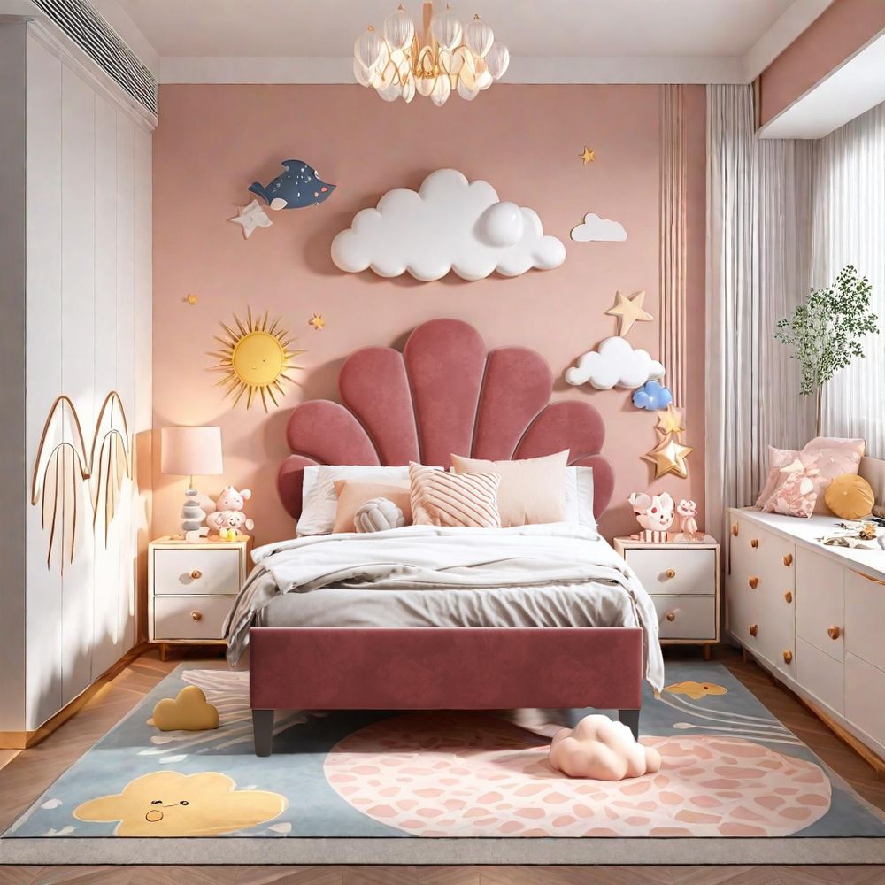 Fortuna Lai Polsterbett 90x200cm mit höhenverstellbarem Kopfteil und Lattenrost, Blumenform-Kopfteil Einzelbett Kinderbett für Kinder und Erwachsene