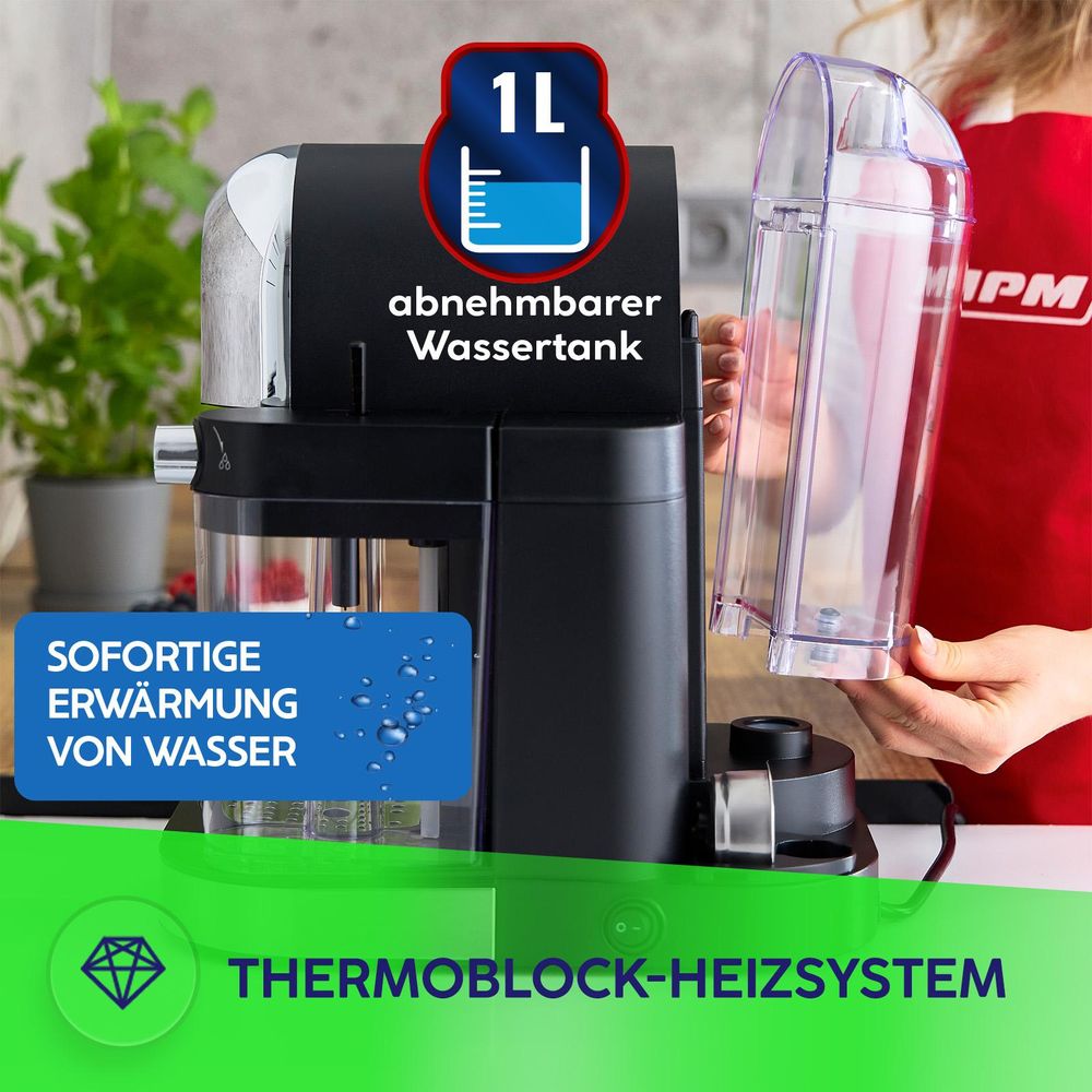 MPM Siebträgermaschine 15 Bar Espresso Kaffeemaschine Cappuccino Latte Thermoblock Milchsystem Milchaufschäumer 1100W MKW-14M