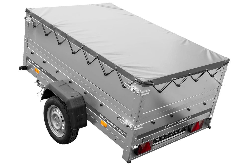Pkw Anhänger kippbar 750 kg GARDEN TRAILER 201 KIPP mit zusätzlichen Bordwänden, Stützrad und grauer Flachplane
