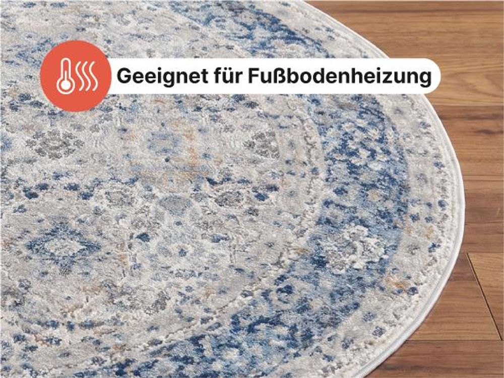 Tapiso Teppich VALLEY Rund Vintage Grau Blau Schlafzimmer 200 x 200 cm