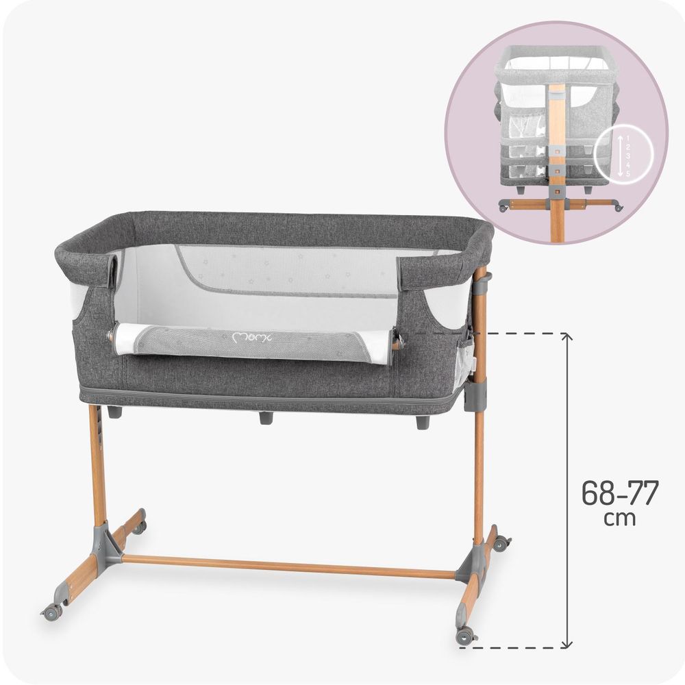 MoMi SMART BED – 4-in-1 Beistellbett & Reisebett, höhenverstellbar mit Neigefunktion, inkl. Matratze & Moskitonetz – Grau