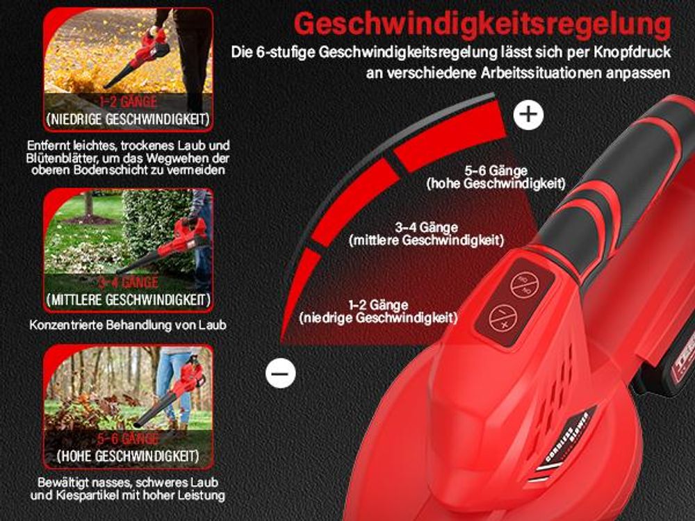 TEENO Akku Laubbläser, 6 Geschwindigkeitsstufen, 2 x 4Ah Akku und Ladegerät, 210 km/h Luftgeschwindigkeit, abnehmbares Blasrohr, geneigte Düse