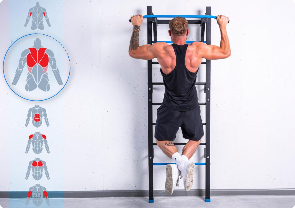 THUNDER Sprossenwand Kraftstation mit Klimmzugstange Dip-Station und Trainingsbank bis 150 kg