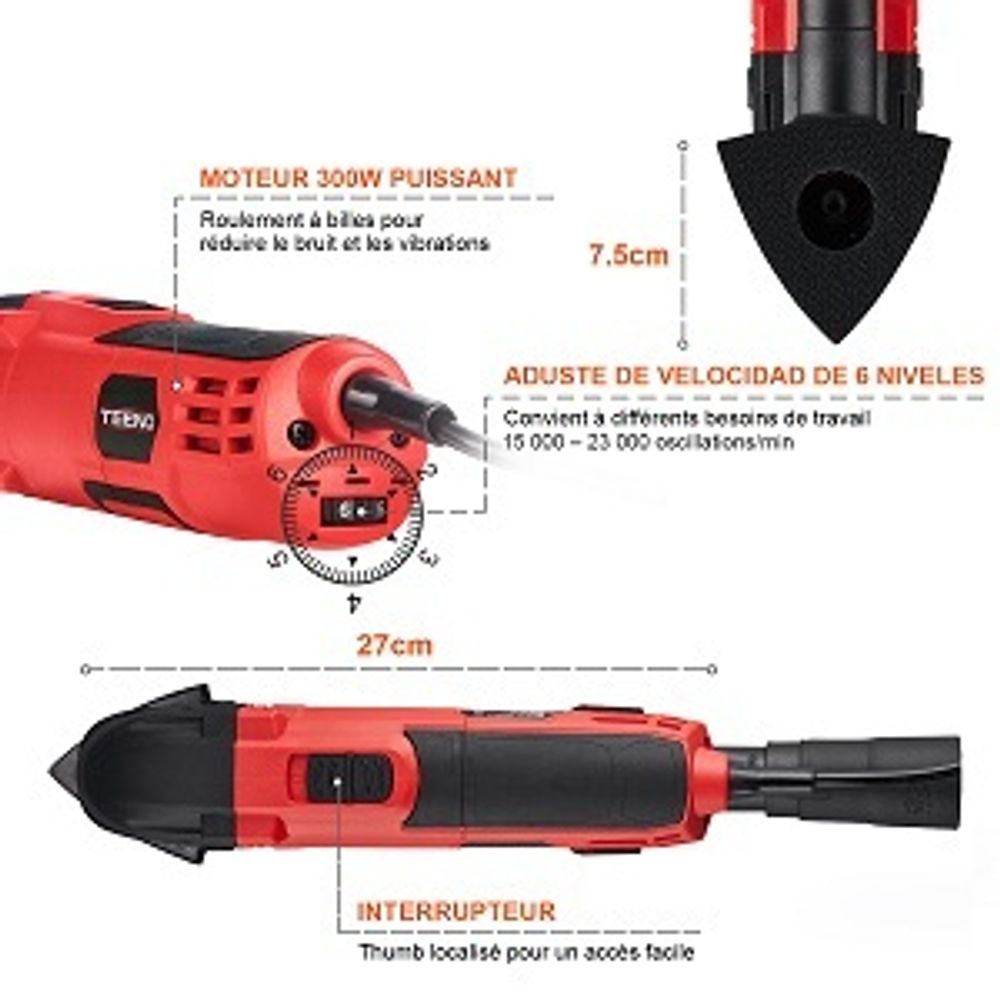 TEENO 300W Oszillationswerkzeug, mit 11 Zubehör, 15000-23000 U/min, 6 Geschwindigkeit zum Schneiden, Schnitzen, usw.