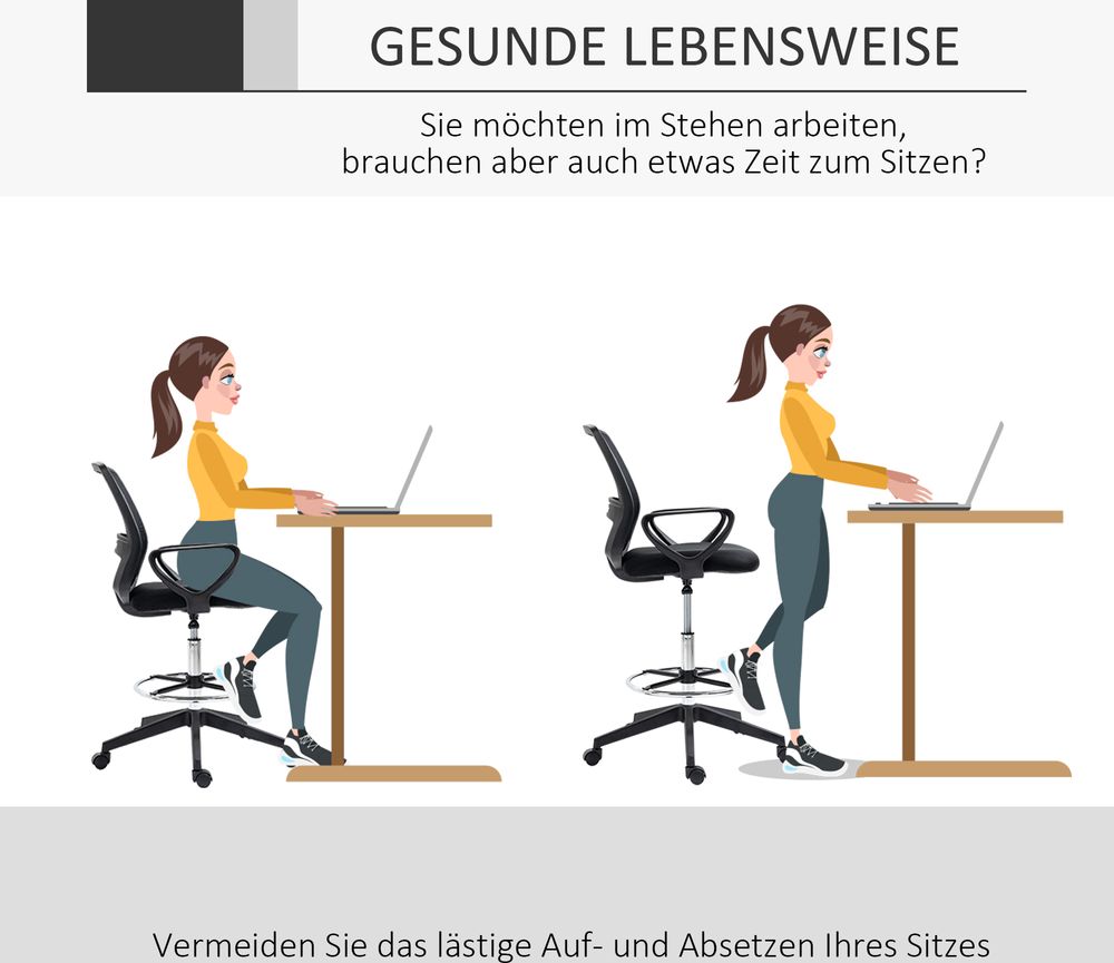 Vinsetto Arbeitsstuhl Ergonomischer Drehstuhl Bürostuhl höhenverstellbare Stehhilfe mit Fußstütze Metall Schwarz 59,5 x 60 x 102,5–126 cm