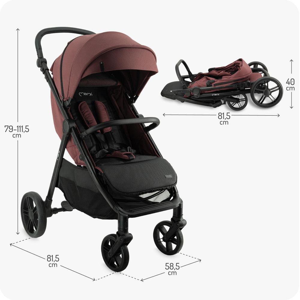 MoMi CLARA – Buggy ab Geburt, bis 22 kg, mit 4-Rad-Federung, Drehbügel & verstellbarem Schiebegriff, inkl. Tasche & Regenschutz – Burgund
