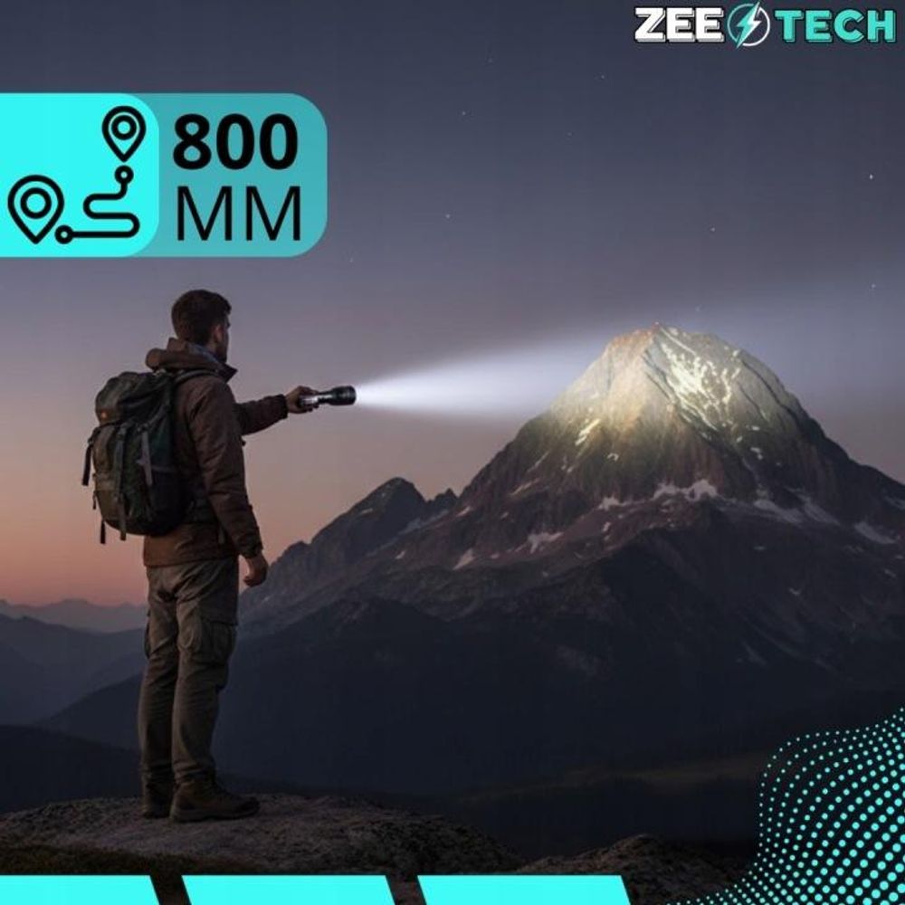 Starke Taschenlampe, Reichweite 800 m, LED mit Zoom, militärisch, wasserdicht, akkubetrieben