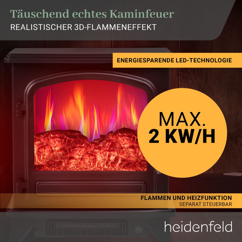 Heidenfeld Elektrokamin EK100 | Standkamin mit Glasfront - 2 Heizstufen - 1000-2000 Watt - bis 30m² - Realistischer 3D-Flammeneffekt - LED
