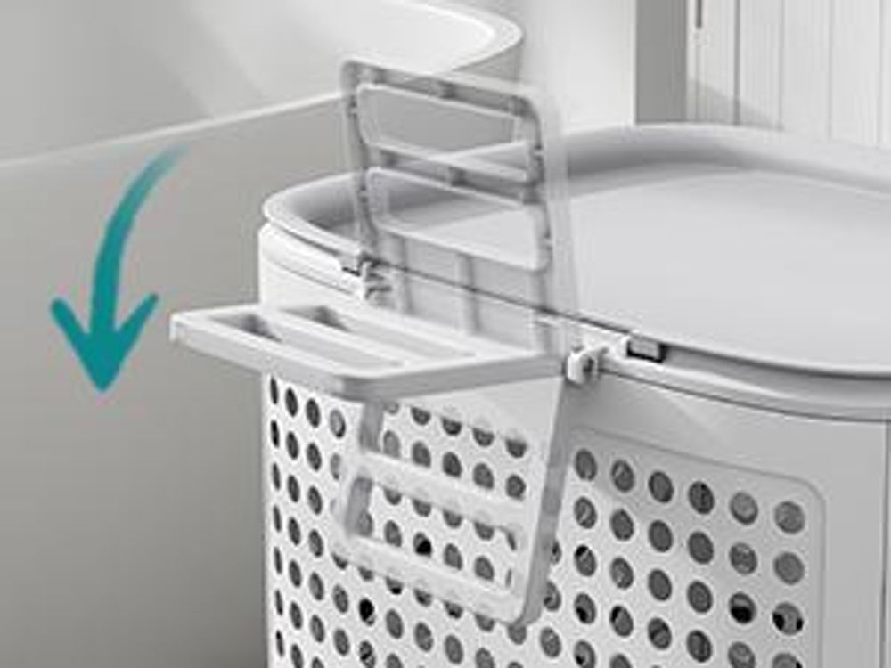 SONGMICS Wäschekorb Plastik, 75 L Wäschesammler, Wäschebox mit Deckel, schmale Wäschetonne für Bad, Waschküche, weiß-grau