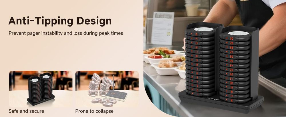 Système de bipeurs Retekess TD186 pour restaurants, 30 bipeurs, portée de 600 m, protection anti-basculement, 64 combinaisons d'appel, touche de mise en sourdine, système d'appel des clients pour bars et cafés, talkie-walkie