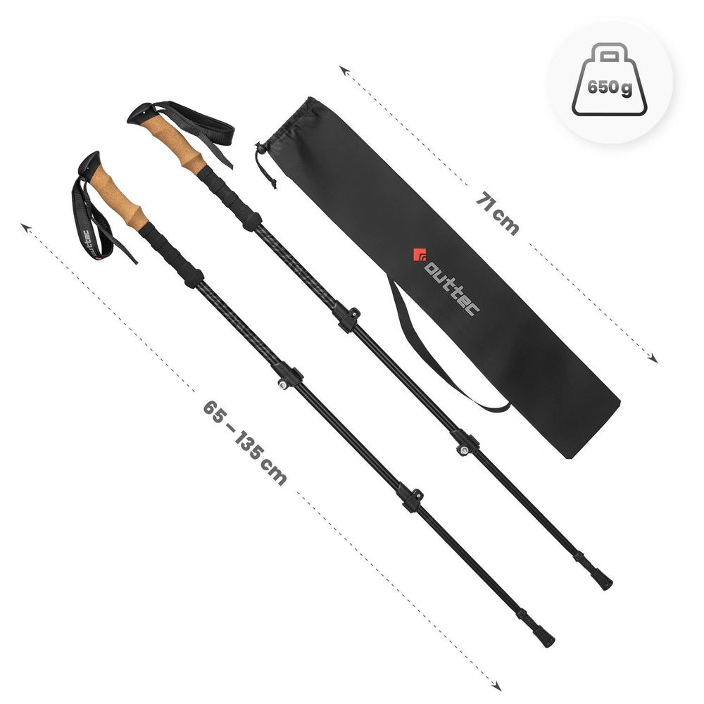Maße der Outtec Wanderstöcke: 65-135 cm Länge, 71 cm Tasche, Gewicht 650 g
