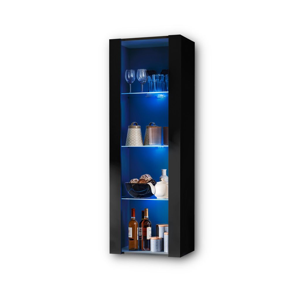 Komodee | Wohnwand Wohnzimmerset Tivoli Grande, Korpus Schwarz Matt Frontfarbe Schwarz Matt, LED Blau