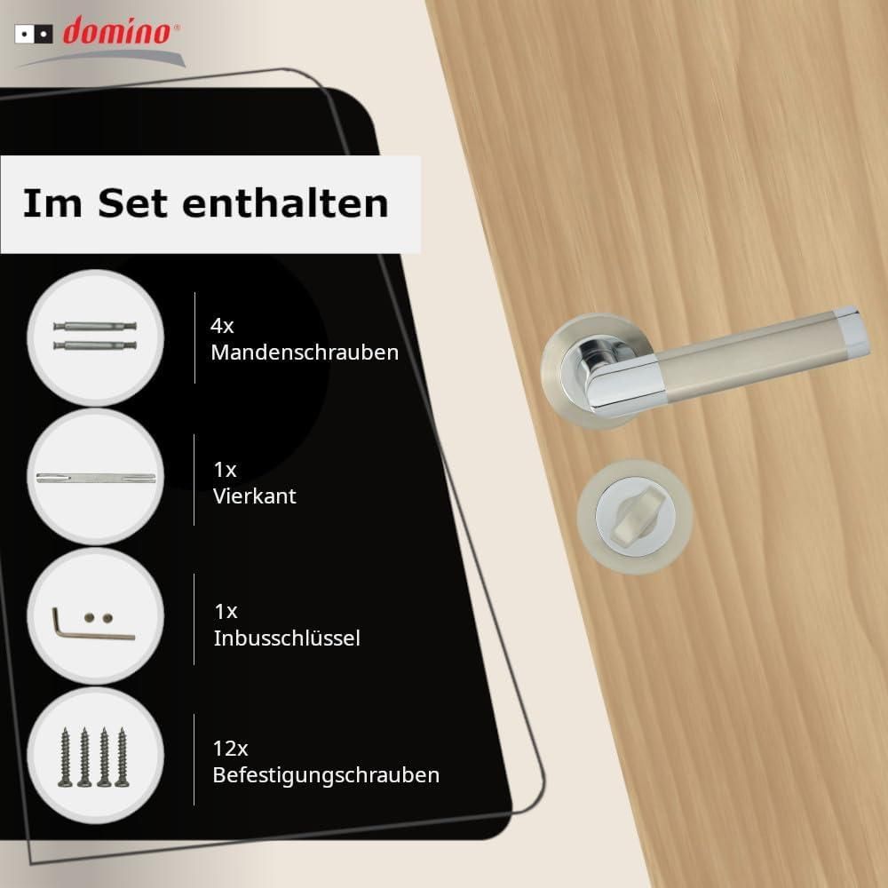 DOMINO Türgriff Drückergarnitur WC -Badezimmer Set | Rund-Rosette | Türklinke für Bürotür, Kellertür & Innentür | Türbeschläge aus Aluminium | Chrom/Nickel Türdrückergarnitur | JARO-R ECO M6/M9