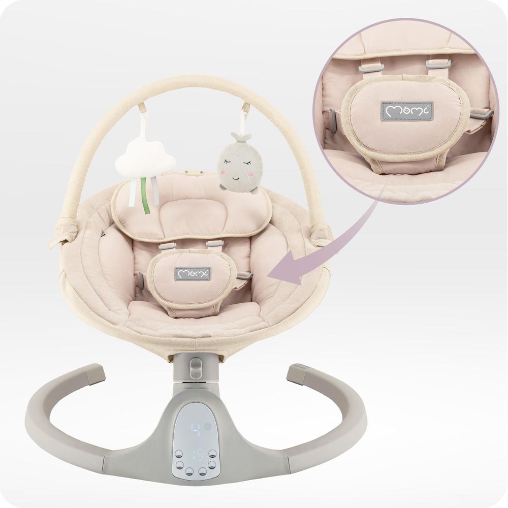MoMi KENANI SAND – Elektrische Babywippe mit Bluetooth, Fernbedienung, LED-Display & 5 Stufen, inkl. Spielzeug – Beige