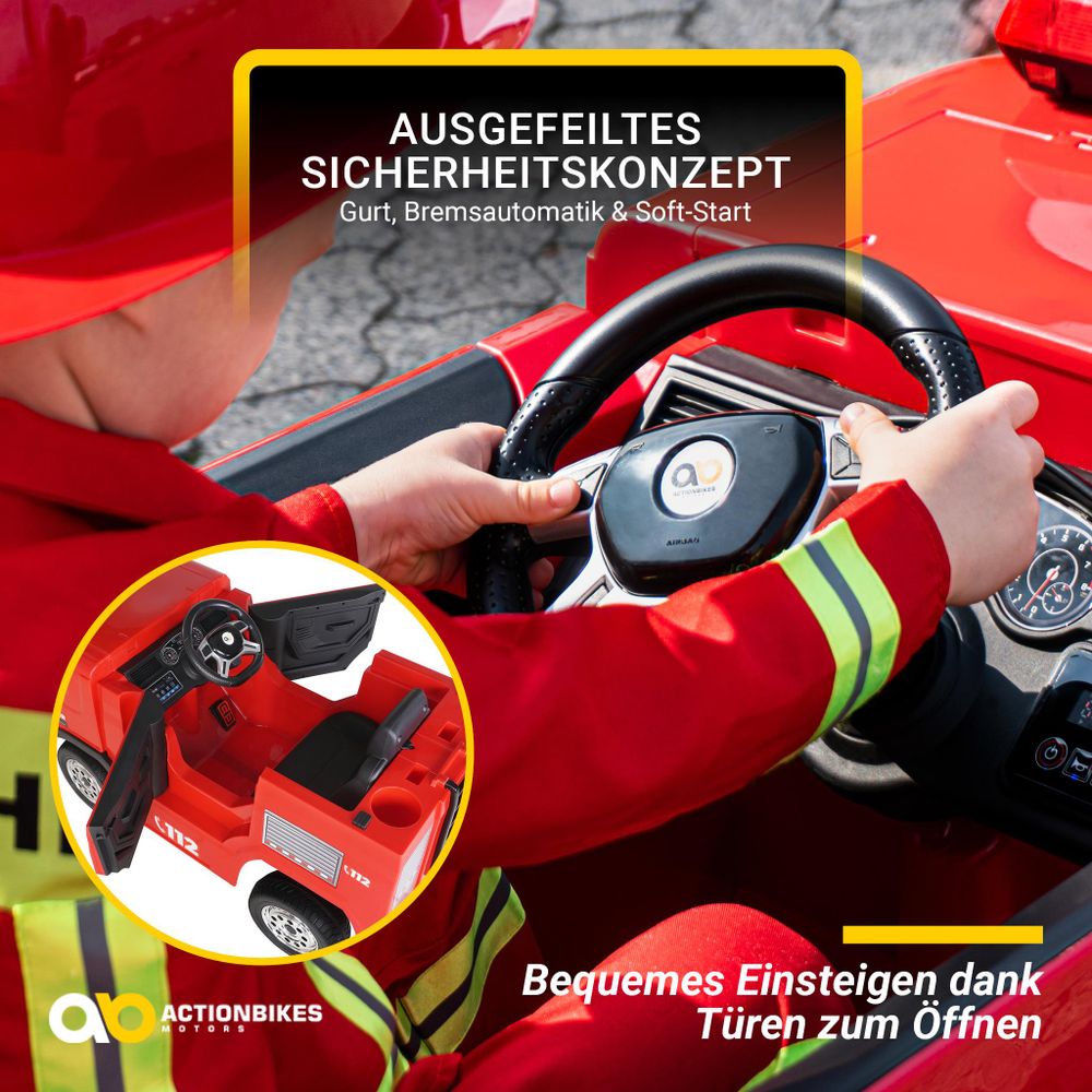 Actionbikes Motors Elektro Feuerwehr Auto| Feuerwehrauto Kinderauto - Bremsautomatik - Kinder Fahrzeug - Sirene & Blaulicht - Bluetooth - ab 3 Jahre