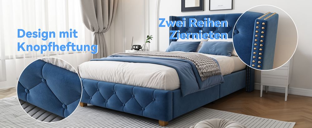 MODFU Polsterbett 90×200cm Jugendbett mit Lattenrost und Kopfteil, Einzelbett Bettgestell mit Holzbeine, Samt, Blau(Ohne Matratze)