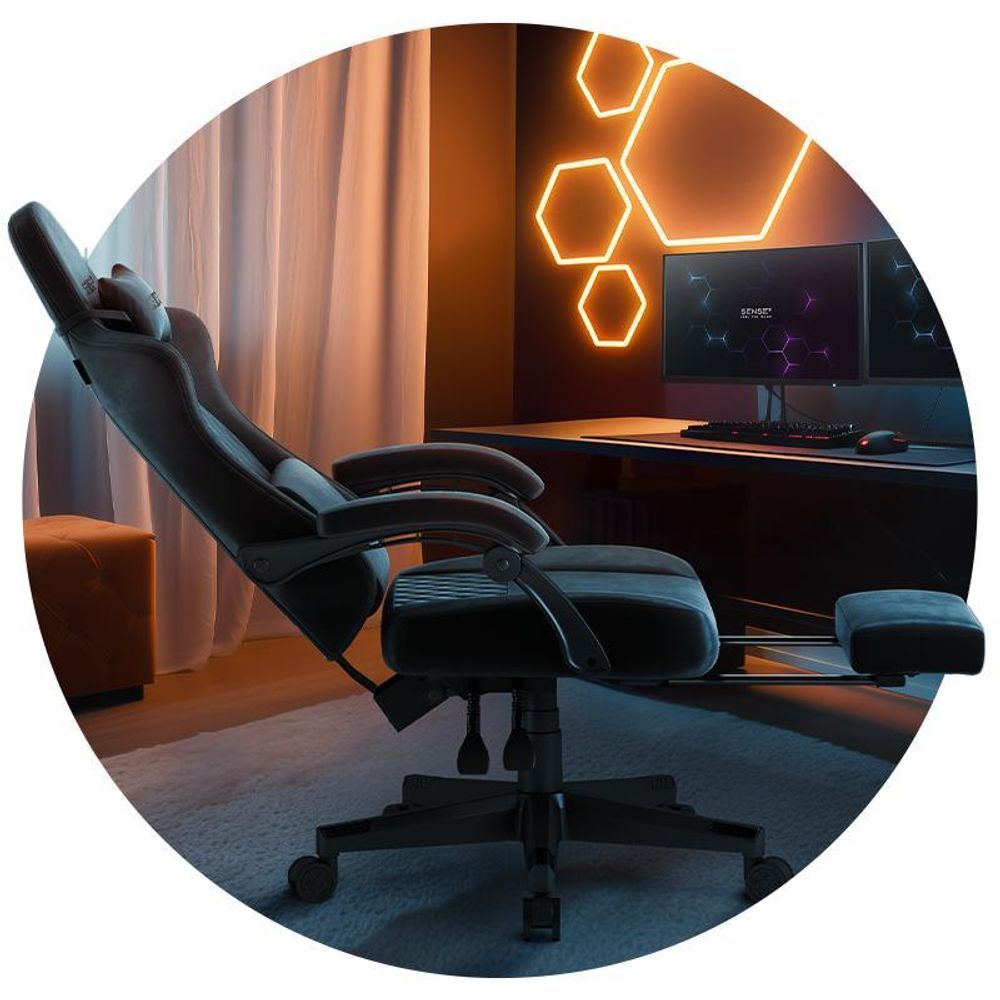 SENSE7 Devon Gaming Stuhl Stoff Schwarz - Ergonomischer Bürostuhl mit Fußstütze PC Schreibtischstuhl Zockerstuhl Alcantara 120 kg