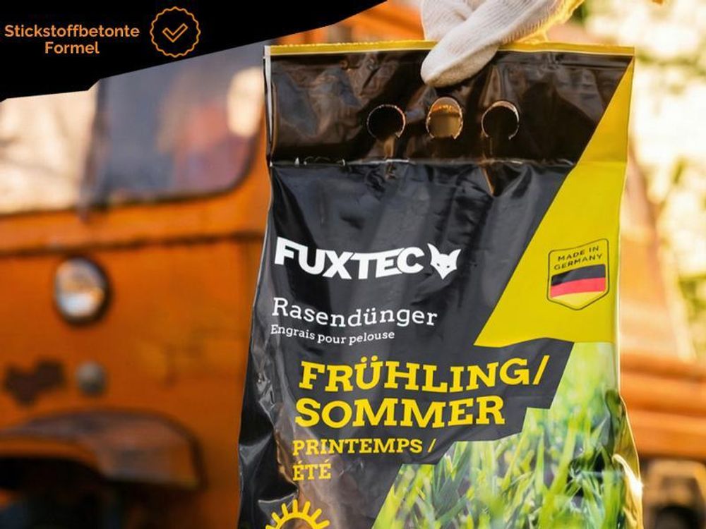 FUXTEC Rasendünger Frühling/Sommer FX-RDFS10 | stickstoffbetonter Rasendünger | 10 kg für ca. 500m² | Langzeitwirkung |  Germany
