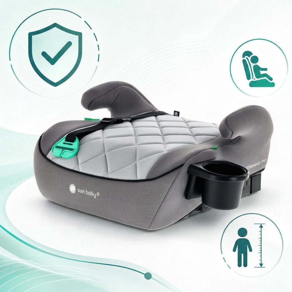Podsedák Detský podsedák Autosedačka Booster sedadlo Detská autosedačka ISOFIX 125–150 cm Držiak na nápoje LittleNestPro sivý Sun Baby