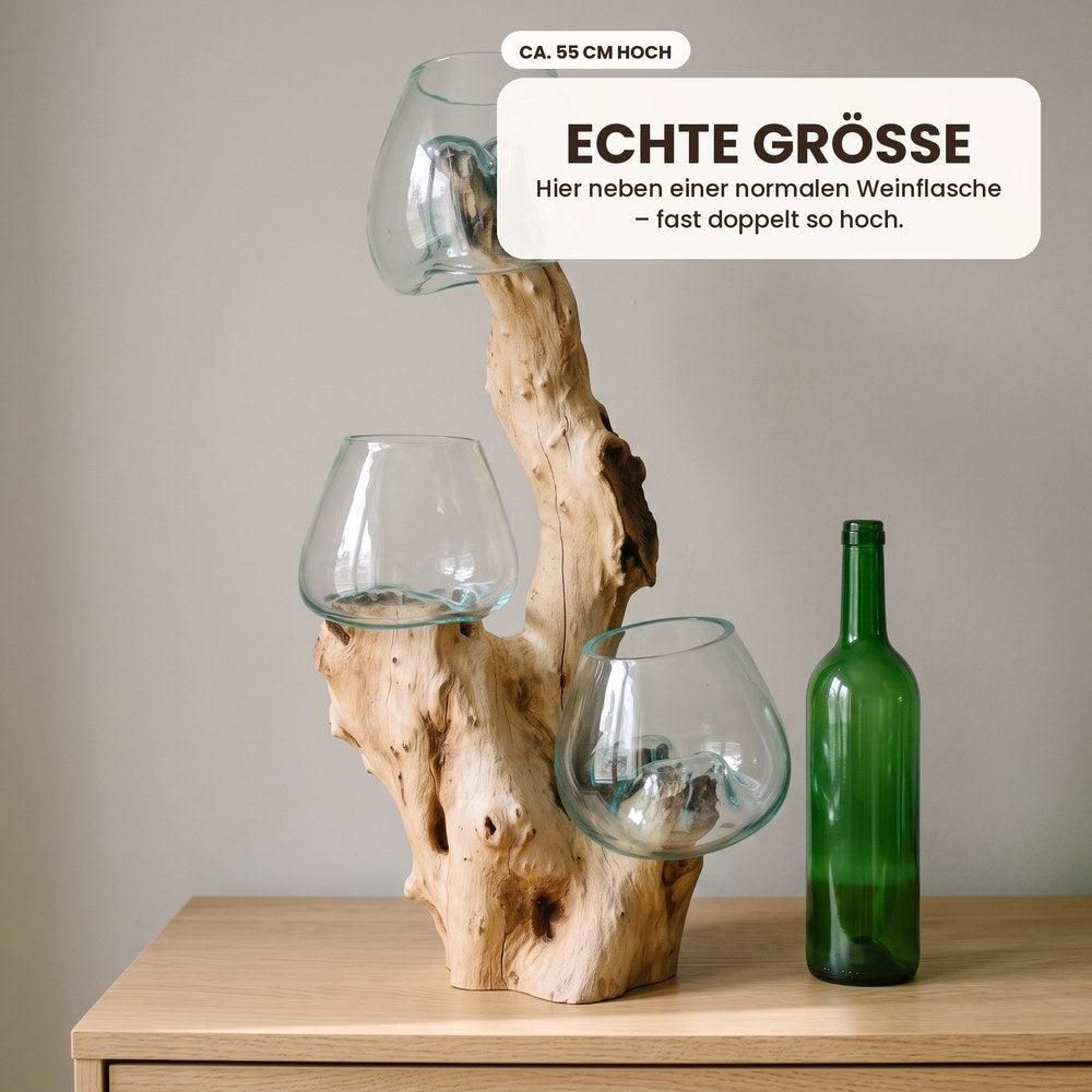 Wurzelholz-Skulptur mit 3 Glasgefäßen, ca. 55 cm: Echte Größe