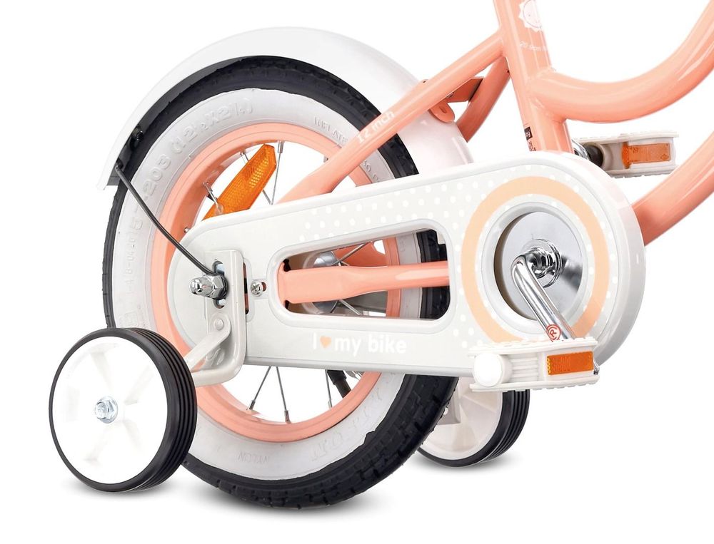 Detalle del sistema de freno trasero y ruedines en la bicicleta.