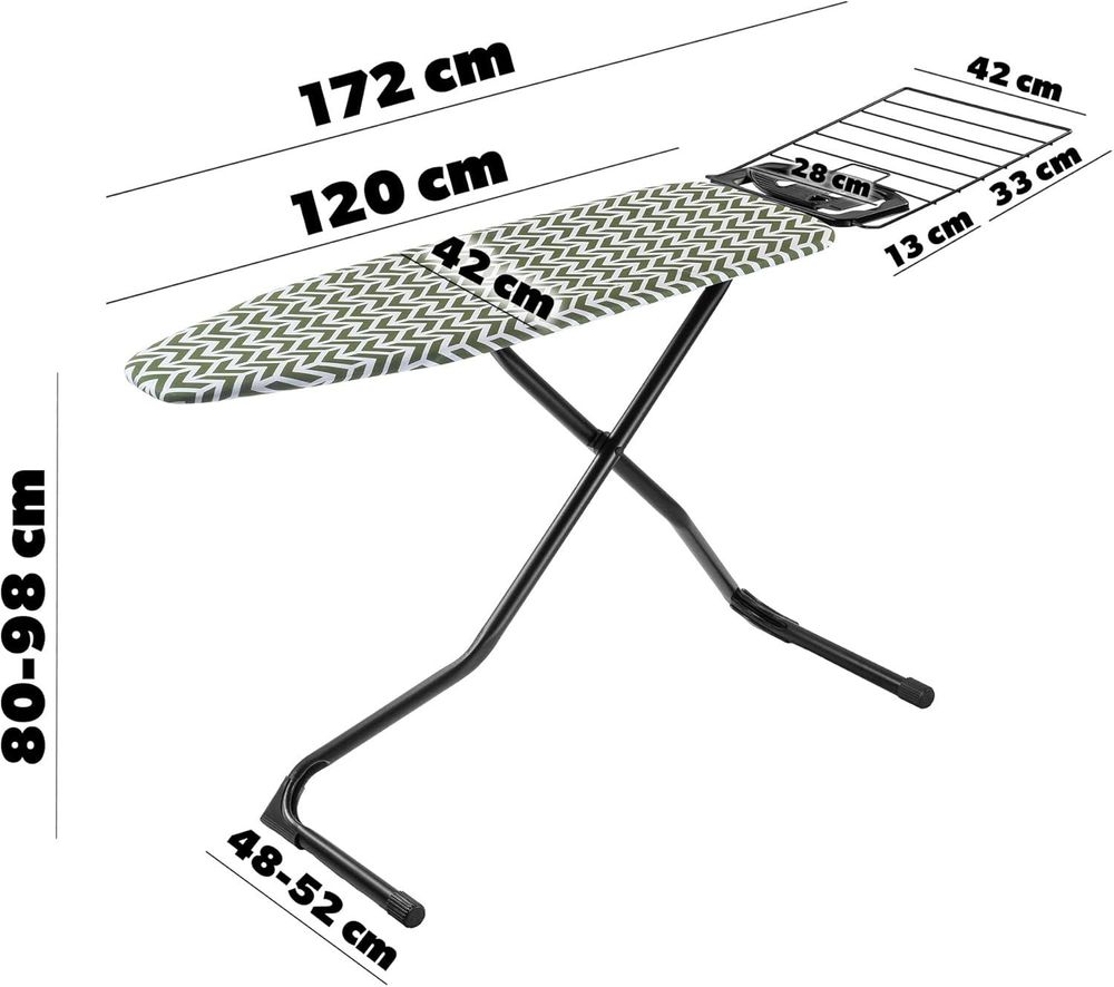 KADAX Bügeltisch mit ausziehbarer Ablage "Hem", Dampfbrett, 120 cm, Zickzackmuster