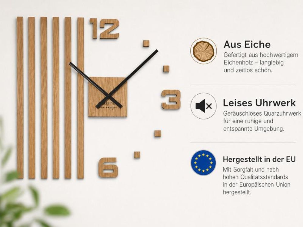 3D Wanduhren DIY Holz Eiche Lamellen große Wanduhr 60 cm 3D Wanduhr Modern Design EKO Wanduhren Wandtattoo Dekoration Uhren für Büro Wohnzimmer Schlafzimmer Dekoartikel Quarzuhr (Schwarze Zeiger)