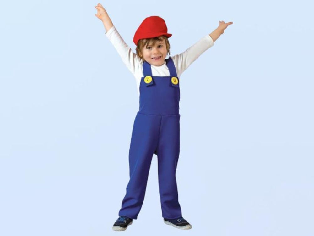 Klempner-Latzhose in blau mit roter Mütze – Blaues Outfit für kleine Handwerker (128)