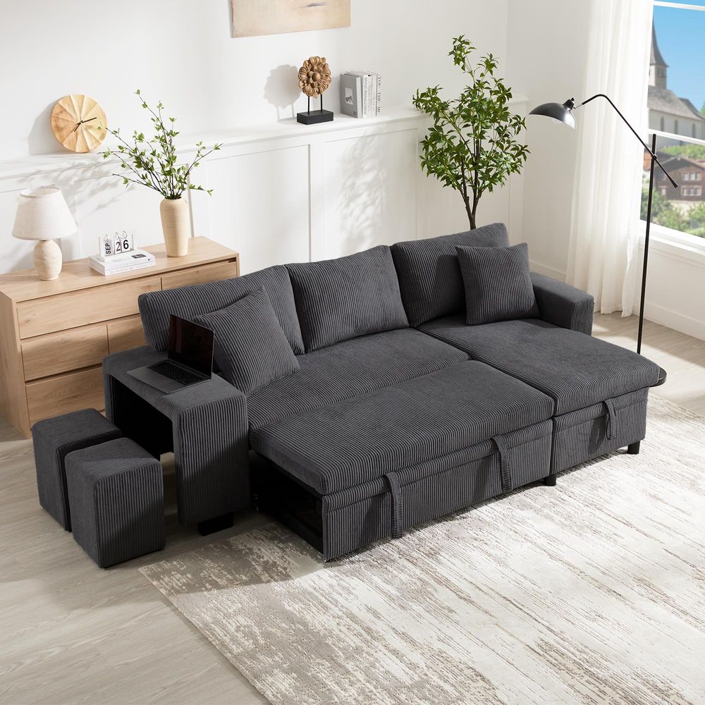 okwish L-förmiges umbaubares Ecksofa 3-Sitzer-Umbausofa mit USB-Ladeanschluss und Kissen,Klappsofa mit Schlaffunktion und Seitenablagen,Grau