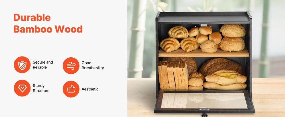 VEVOR Eck-Brotbox für die Küchenarbeitsplatte, doppelschichtige große Kapazität Bambus-Brotlagerbehälter, Bauernhaus-Holzbrotbox für hausgemachtes Brot, Aufbewahrungsbehälter mit akryl-welligem Tür, natürlich, Schwarz, Doppeldecker-b
