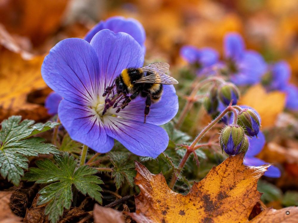 Makro: Violettblaue Blüte im Detail, Herbststimmung.