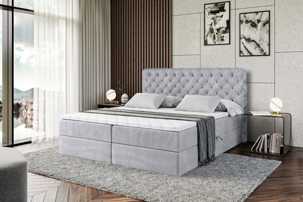 ALTDECOR Boxspringbett mit H4 Matratze und Topper - 200 x 200 cm - BOXI8 - Hellgrau Samt - Polsterbett mit Bettkasten und Lattenrost, Bett mit Stauraum