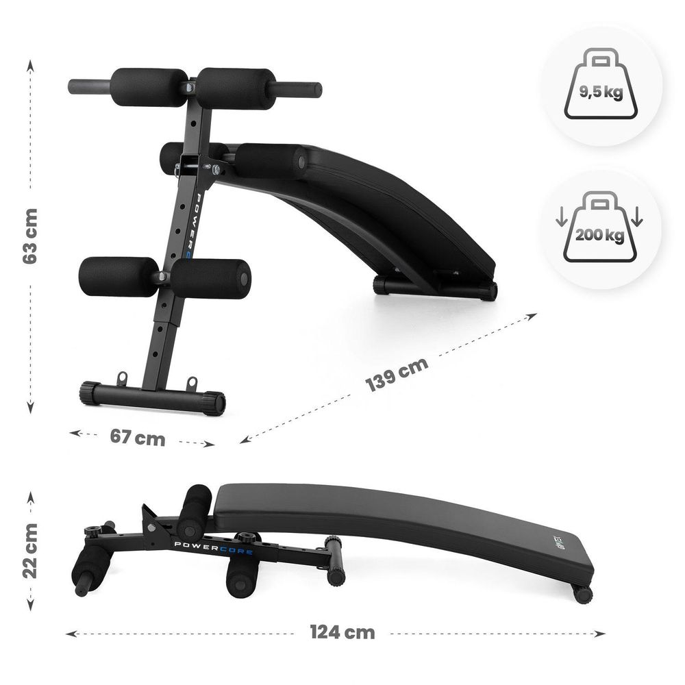 Maße der Gymtek Bank: 139x67x63 cm aufgeklappt, 22 cm hoch geklappt. Belastbar bis 200 kg